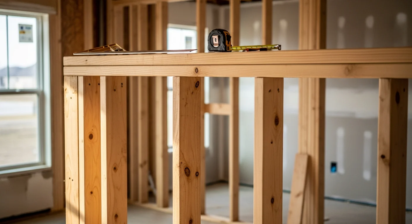 Carpenter framing interior wall structure during home construction