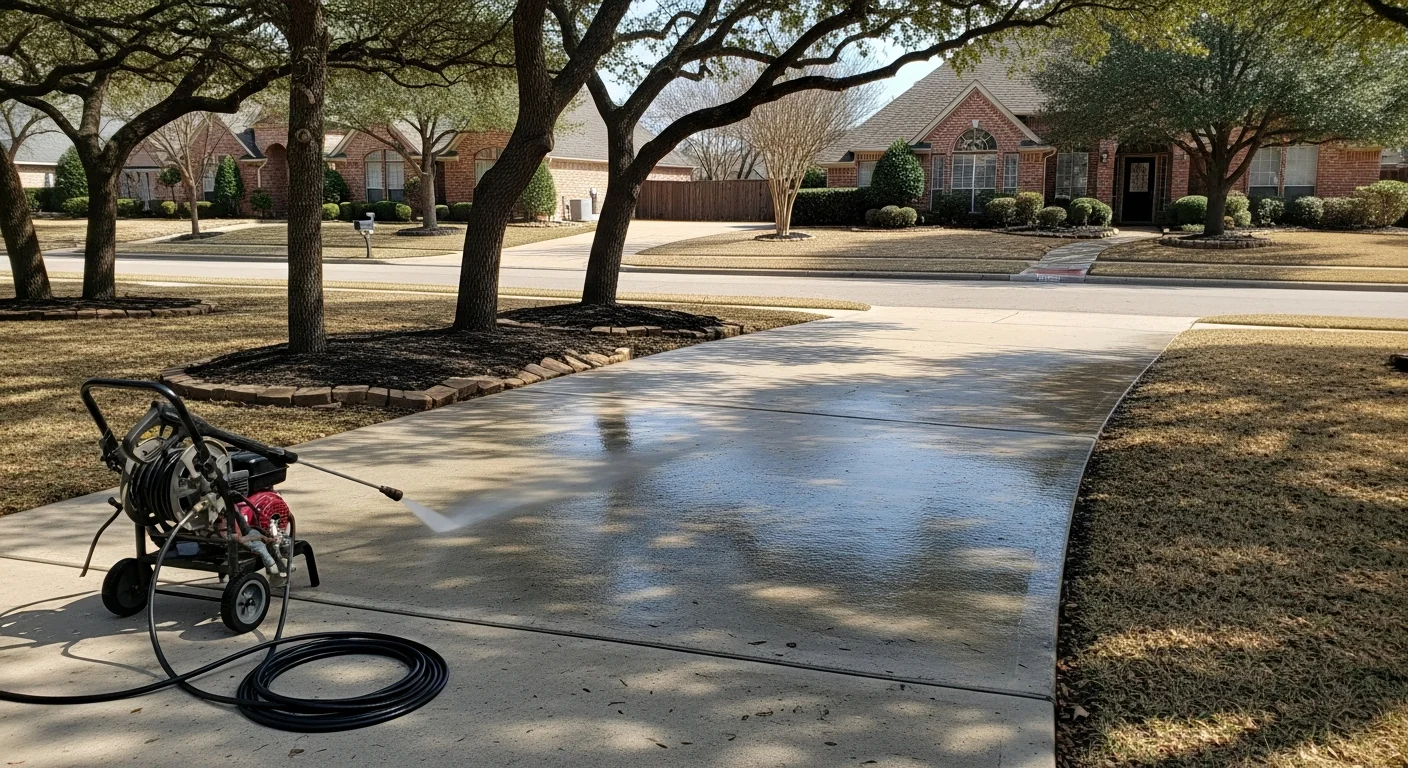 Power washing cleaning exterior residential driveway and walkway
