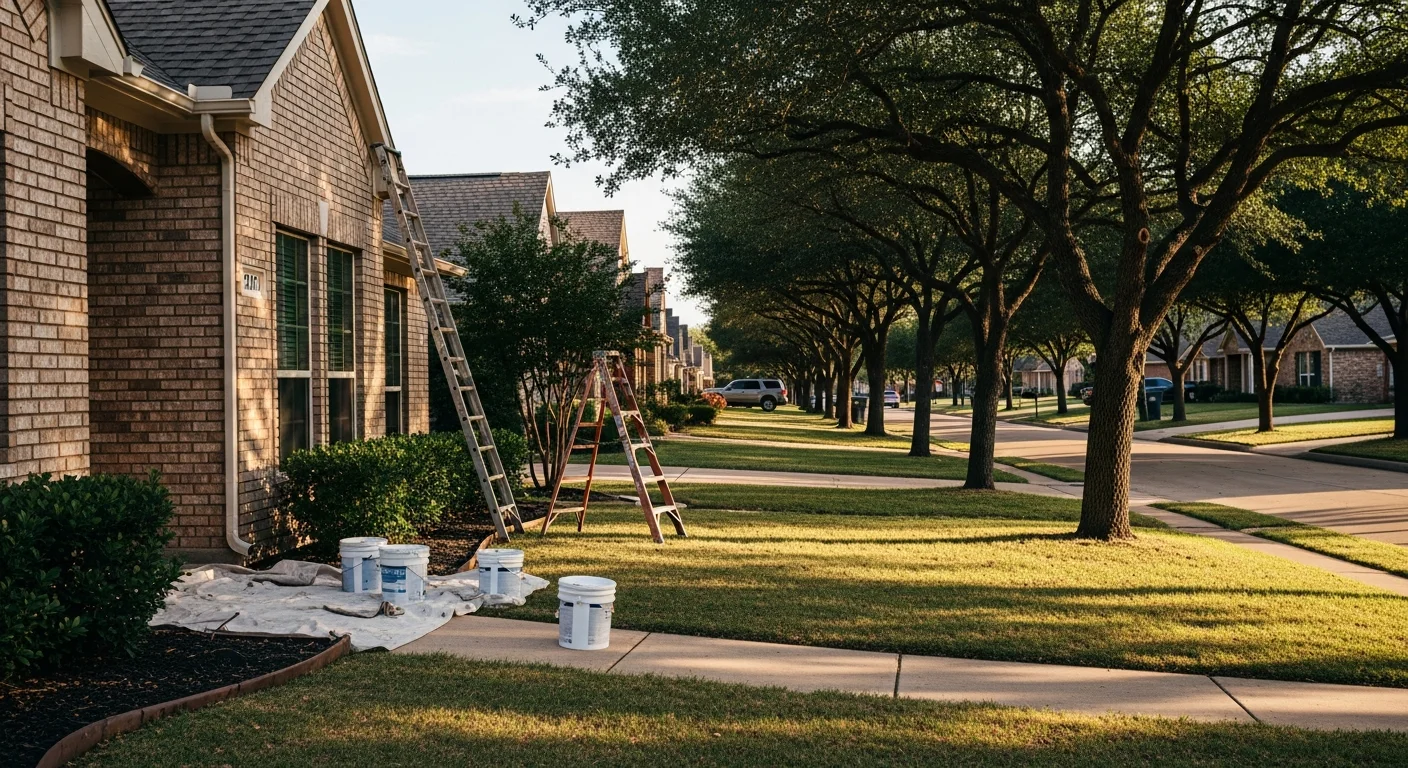 Residential street in Tarrant County with mature trees and well-maintained homes typical of Fort Worth and Arlington neighborhoods.