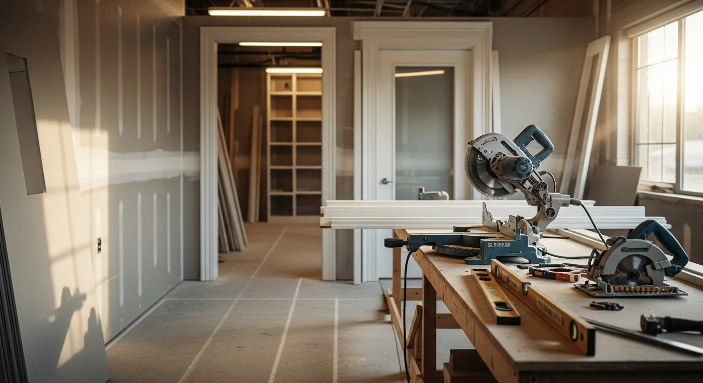 A commercial interior in Tarrant County, Texas showing freshly installed wood trim, framed doorways, and built-in shelving in a finished tenant space. Clean Cut Painting And Carpentry LLC commercial carpentry work in a Fort Worth office build-out.