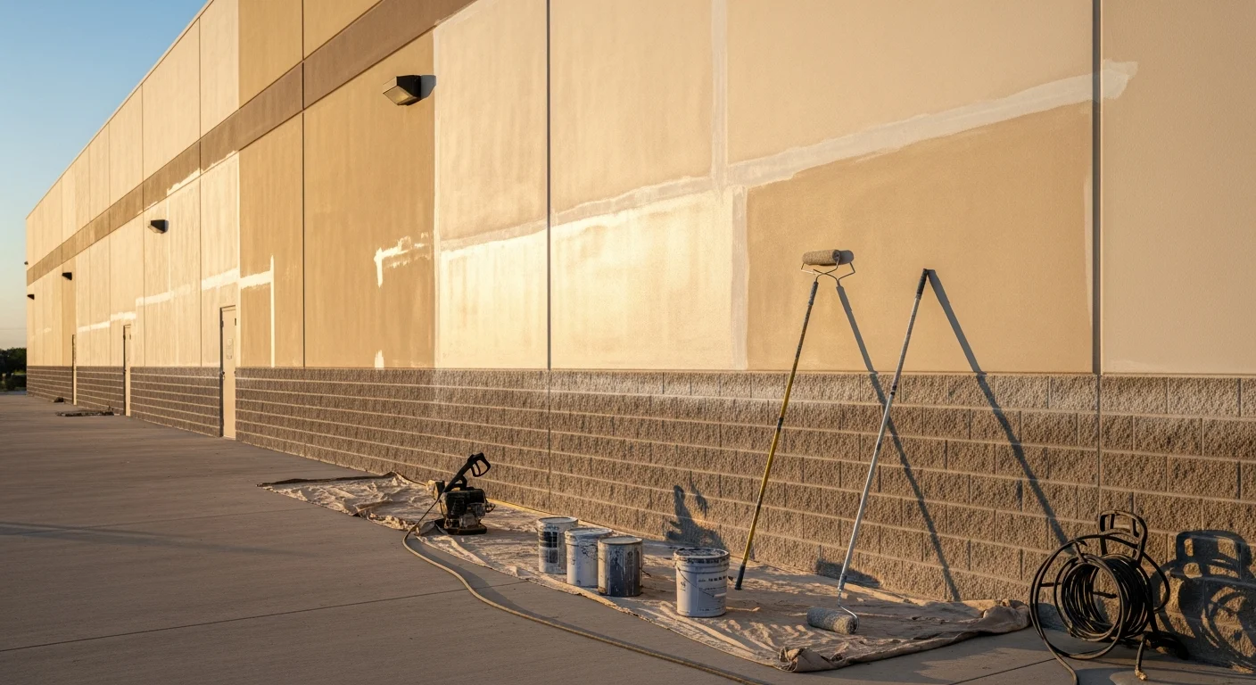 A freshly painted commercial building exterior in Tarrant County, Texas, showing clean lines and a uniform finish on a multi-bay facade. Clean Cut Painting And Carpentry LLC crew equipment is staged near the base of the building during an active exterior painting project.