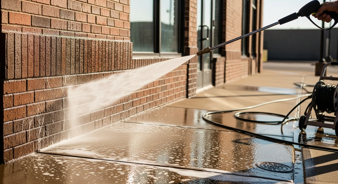 A commercial storefront in Tarrant County, Texas, with a freshly pressure-washed concrete sidewalk and clean brick facade free of grime and algae staining. A pressure washing technician works along the building exterior with professional equipment.