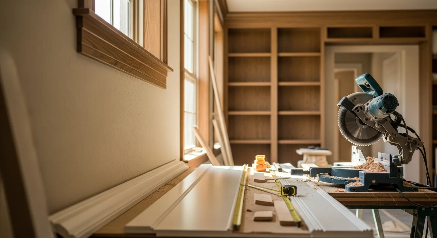 Custom built-in shelving and trim work installed in a Tarrant County home interior, showing floor-to-ceiling wood shelves with clean painted finish. Detail view of crown molding corner joint where wall meets ceiling in a residential room.