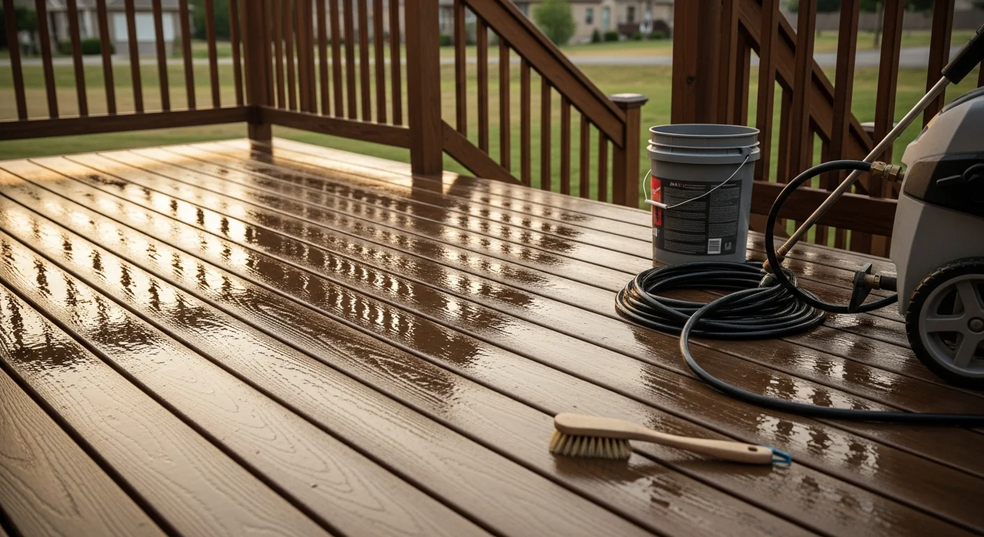 A Tarrant County residential wood deck after professional pressure washing, showing clean board surfaces with mold and algae stains fully removed. Railings and stair treads are also clean, with the natural wood tone restored.