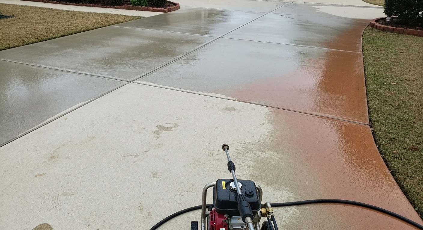 A concrete residential driveway in Tarrant County shown after pressure washing, with clean gray surface free of oil stains, tire marks, and mold streaks. The washed driveway contrasts with the surrounding lawn and leads to a single-family home typical of the area.
