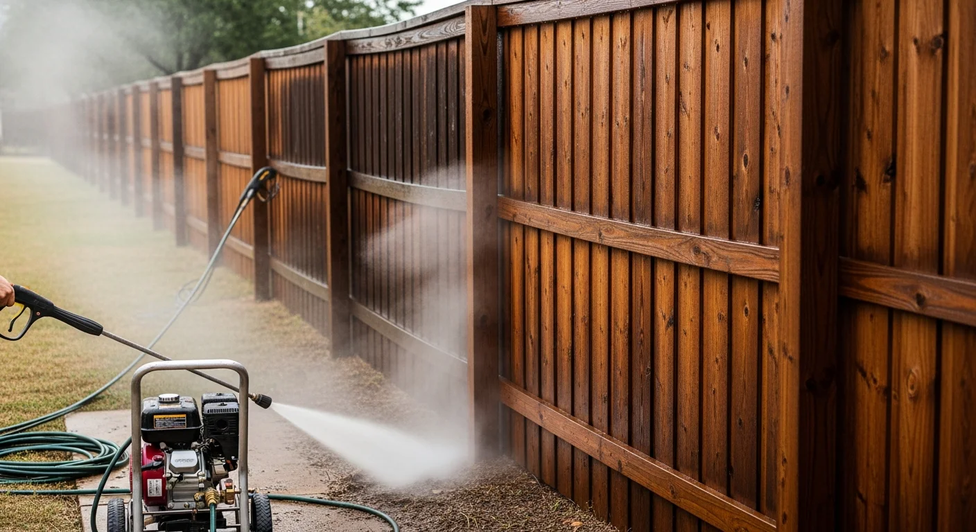 A wood privacy fence in a Tarrant County backyard shown before and after professional pressure washing, with mold and dark staining removed from the boards and posts. The cleaned fence displays restored natural wood tone along the full fence line.