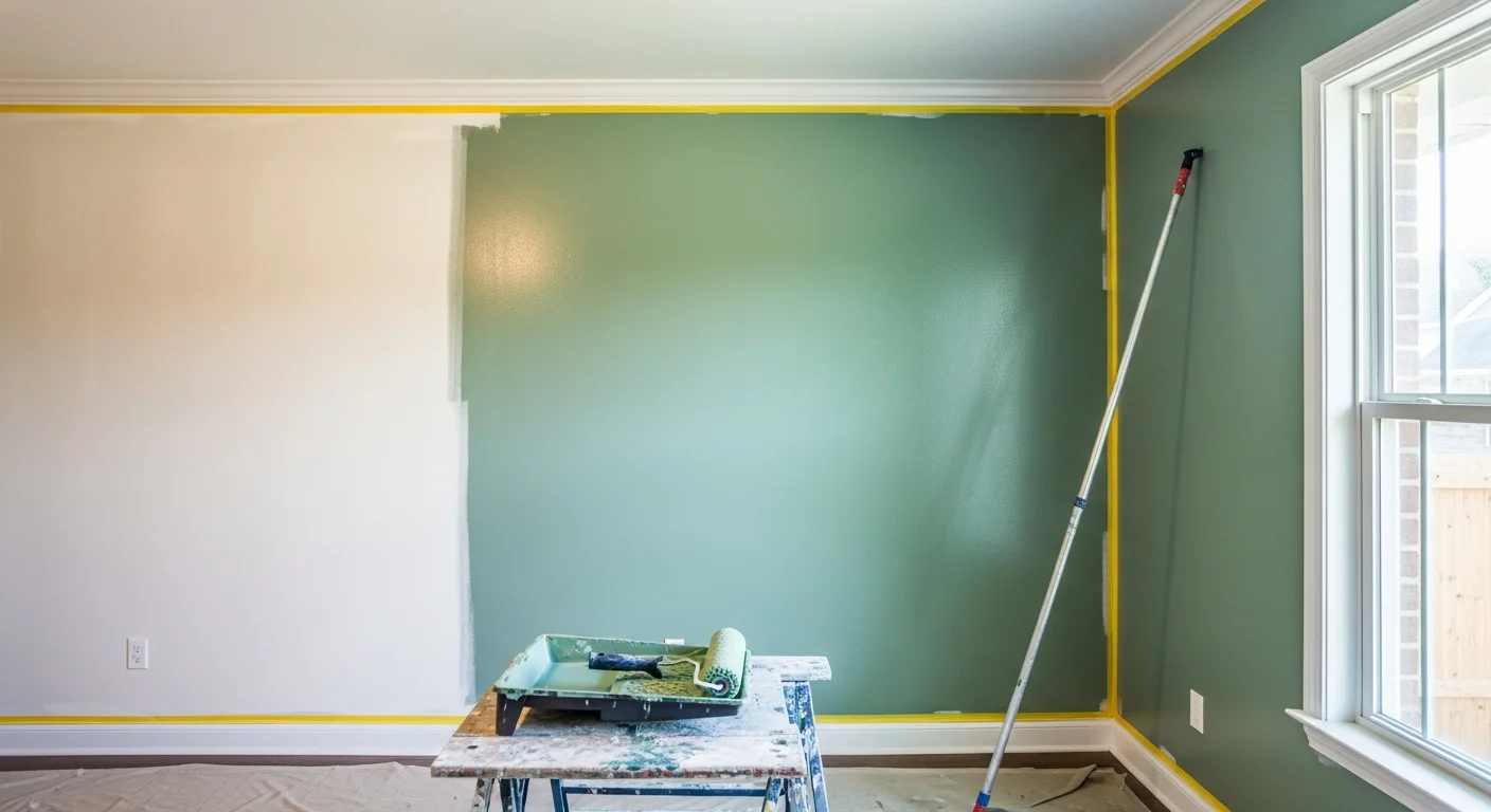 A freshly painted interior living room in a Tarrant County home, showing smooth, even wall coverage in a neutral tone with clean white trim and no visible brush marks. The room reflects a typical ranch-style floor plan common across Fort Worth and the Mid-Cities area.