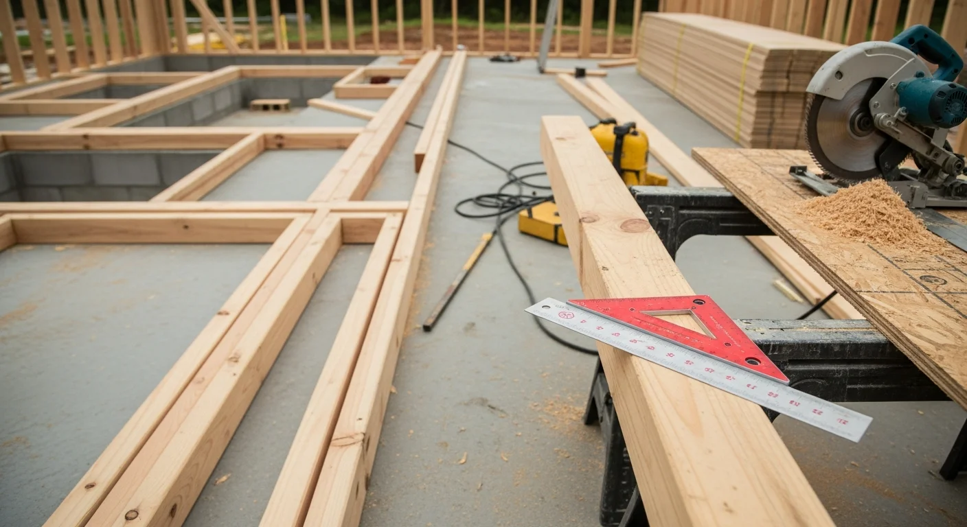 A rough carpentry framing crew assembling wood stud walls and floor decking on a residential addition in Tarrant County, Texas. Exposed lumber framing shows wall openings for windows and doors with blocking in place.