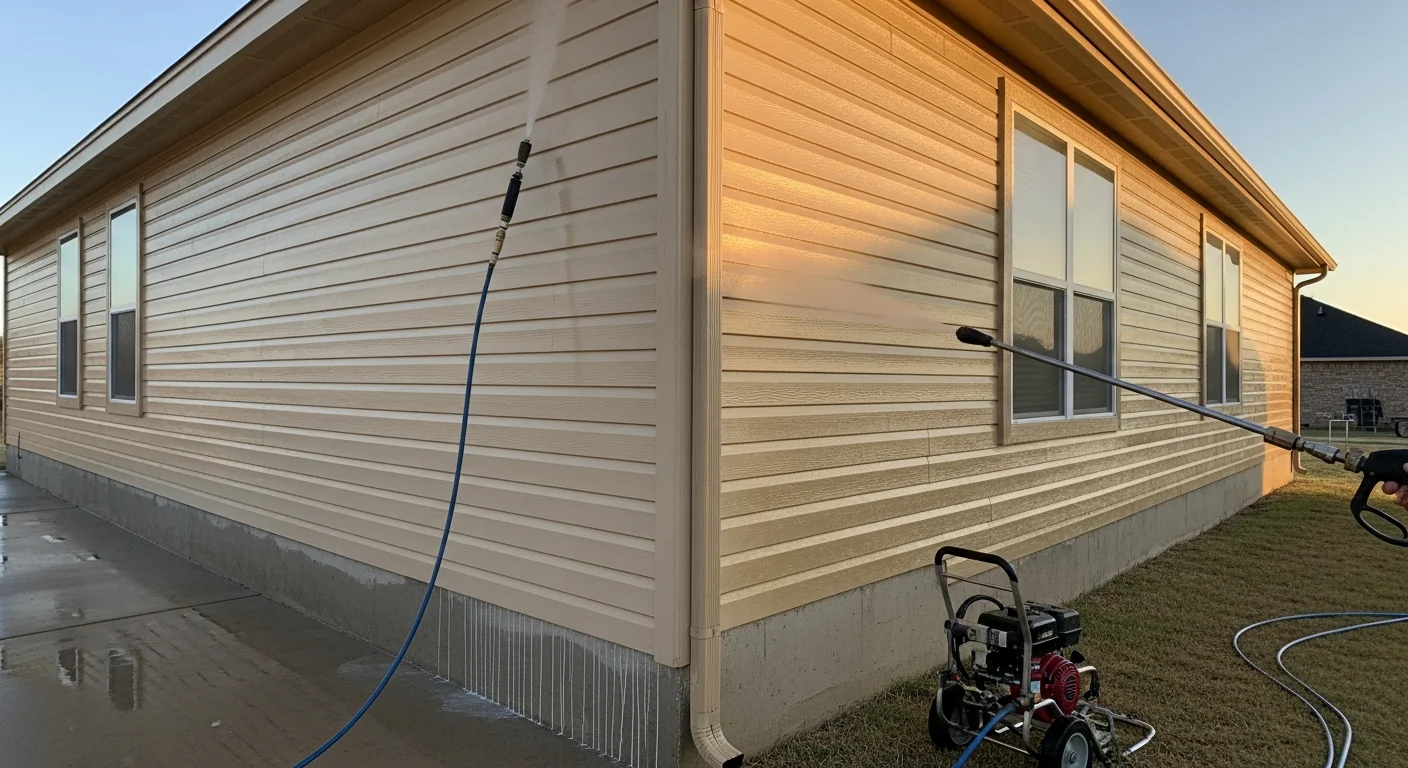 A Tarrant County home's exterior siding after professional cleaning, showing clean panels free of green algae streaks and dark mold stains. A pressure washing technician works along the lower wall section with a low-pressure wand.