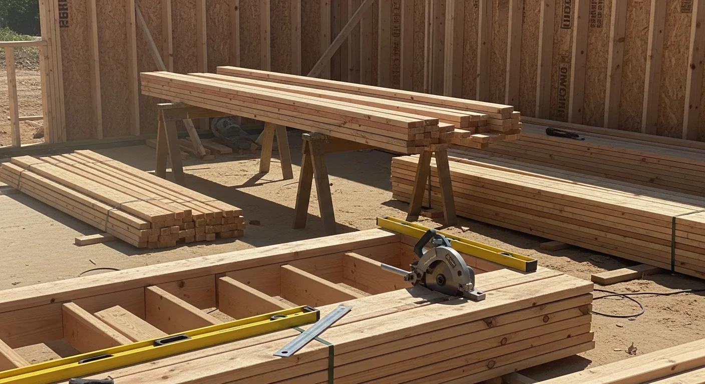 A residential structural wood frame under construction in Tarrant County, Texas, showing wall studs, floor joists, and roof framing on a slab foundation. A carpenter checks framing alignment on a new room addition attached to an existing single-story home.